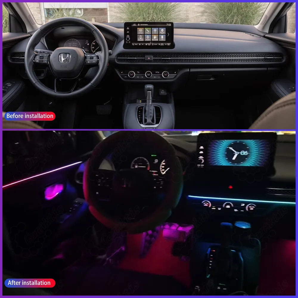 Before and After Comparison of Honda HR-V Interior Lighting Upgrade, from Boring Stock to Vibrant Symphony Atmosphere