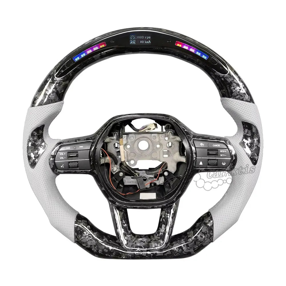 Honda Civic Futuristic steering wheel with light grey forged carbon fiber, pure white leather grips, and high-tech LED shift display,