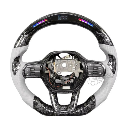 Honda Civic Futuristic steering wheel with light grey forged carbon fiber, pure white leather grips, and high-tech LED shift display,