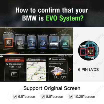 Instructions to identify a BMW EVO system showcasing the modern tiled iDrive menu interface and a 6-pin (4+2 pin layout) LVDS connector.