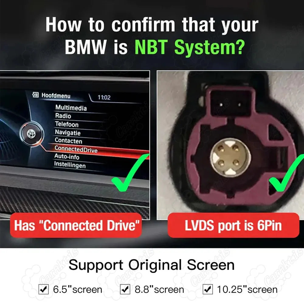 Step-by-step guide to confirm BMW NBT system by verifying the presence of ConnectedDrive on the iDrive menu and a 6-pin pink LVDS port.