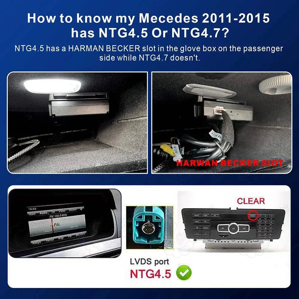 Guide on how to check if a Mercedes 2011-2015 model has NTG 4.5 or NTG 4.7 by verifying the Harman Becker slot in the glove box and the LVDS port.