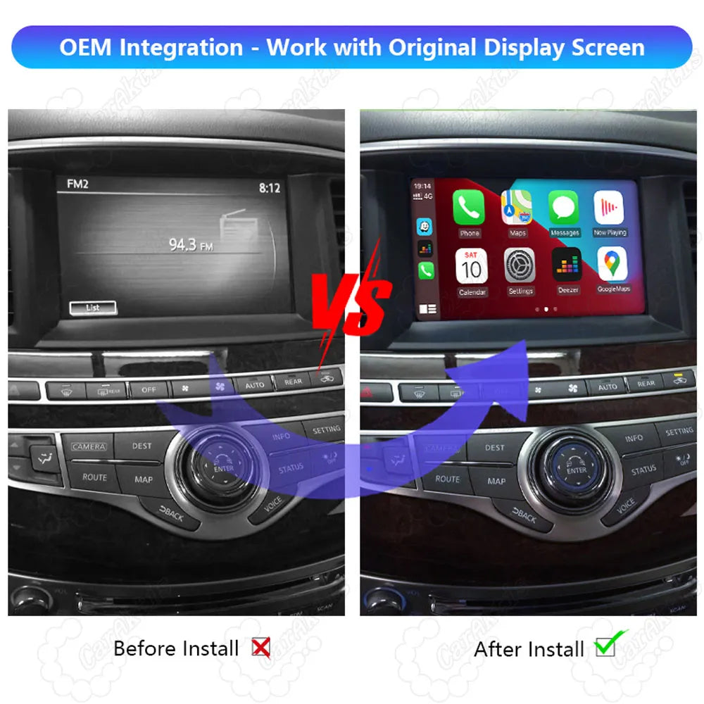 Before and after installation comparison showing the original Infiniti display upgraded with wireless Apple CarPlay system.