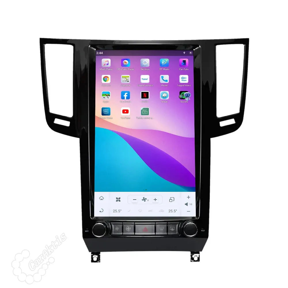 Android multimedia head unit screen replacement for Infiniti FX and QX70 dashboard.