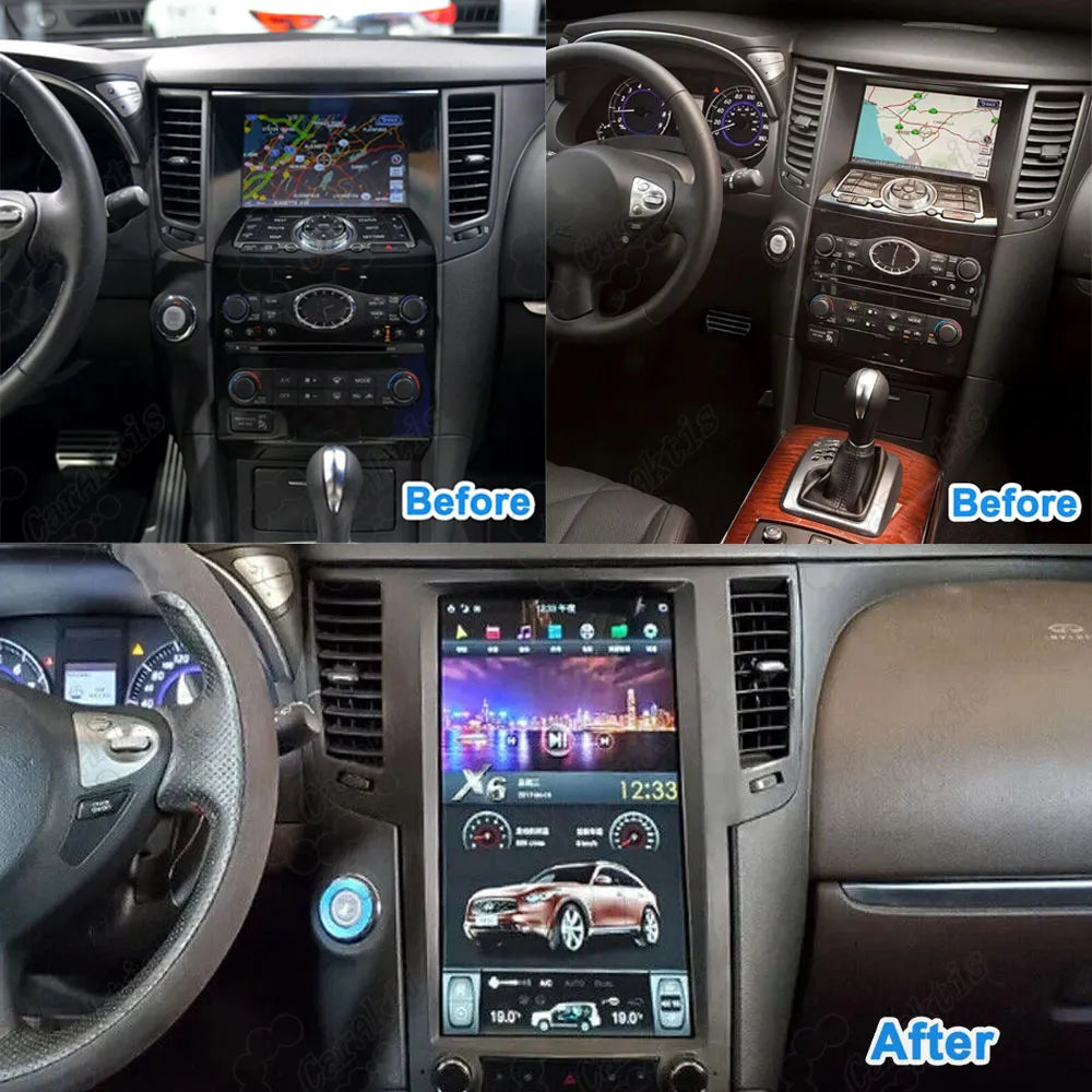 Before and after comparison of upgrading factory Infiniti stereo to a large Android touchscreen display.