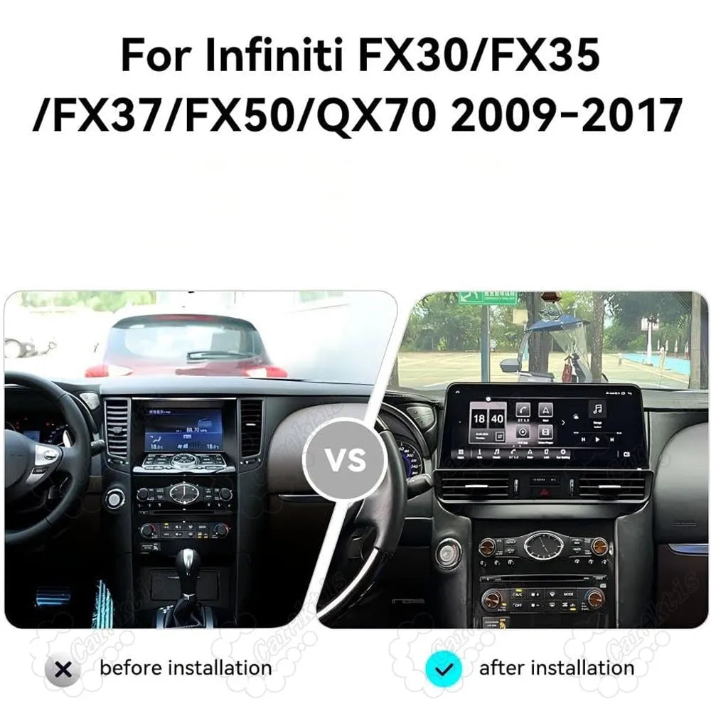 Before and after installation comparison of 12.3-inch Android touchscreen in Infiniti FX35 FX37 QX70