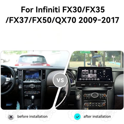 Before and after installation comparison of 12.3-inch Android touchscreen in Infiniti FX35 FX37 QX70