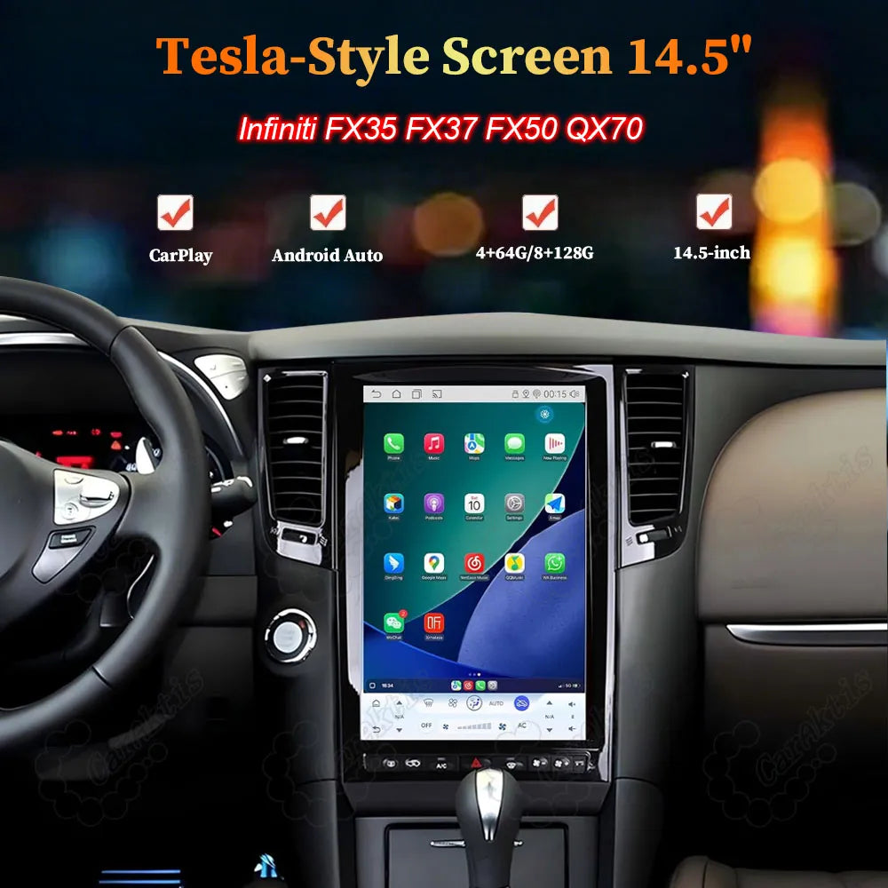 14.5-inch Tesla-style vertical Android touchscreen head unit upgrade for Infiniti FX35 FX37 FX50 QX70 featuring CarPlay and Android Auto.