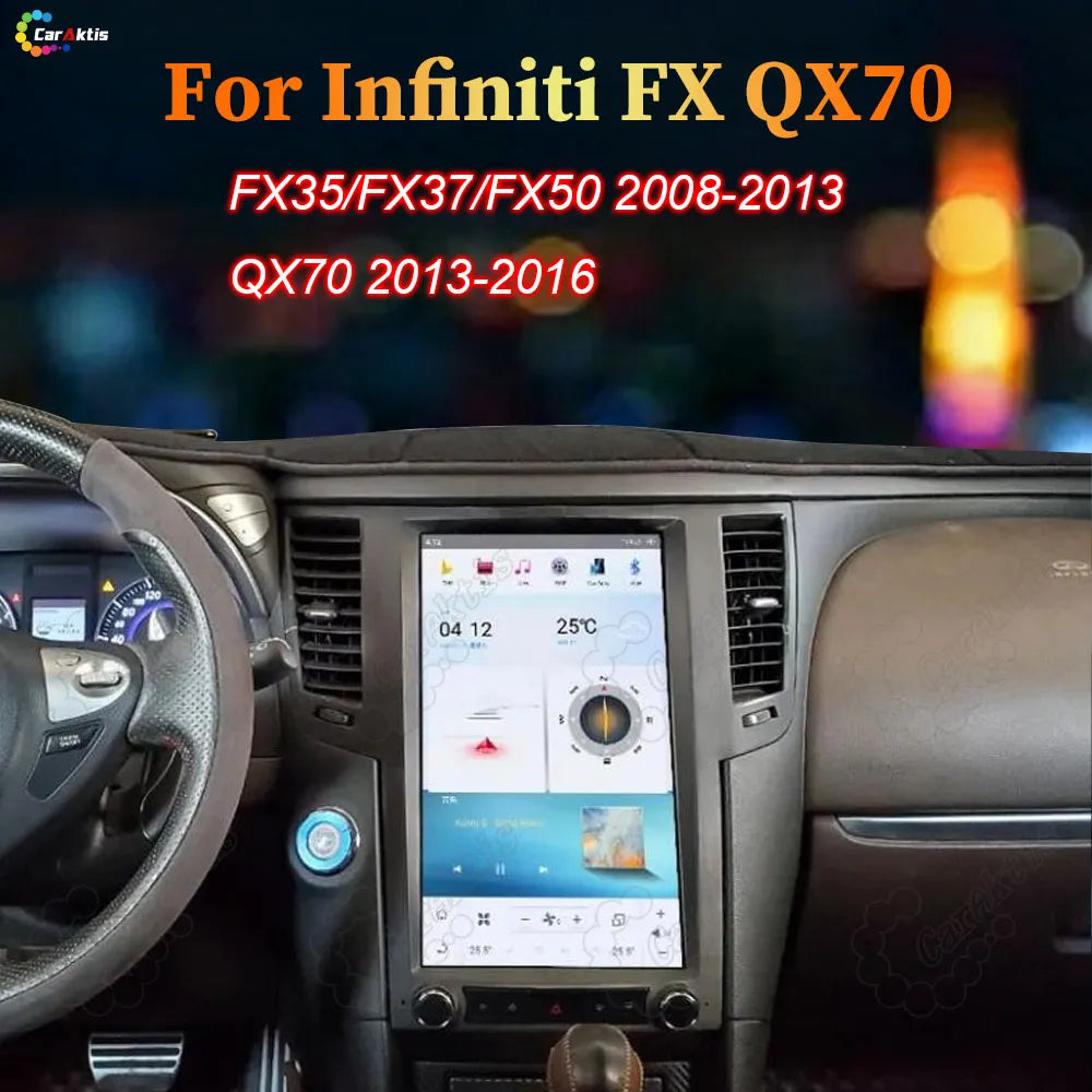 Android head unit touchscreen installed in Infiniti FX35, FX37, FX50 (2008-2013) and QX70 (2013-2016).