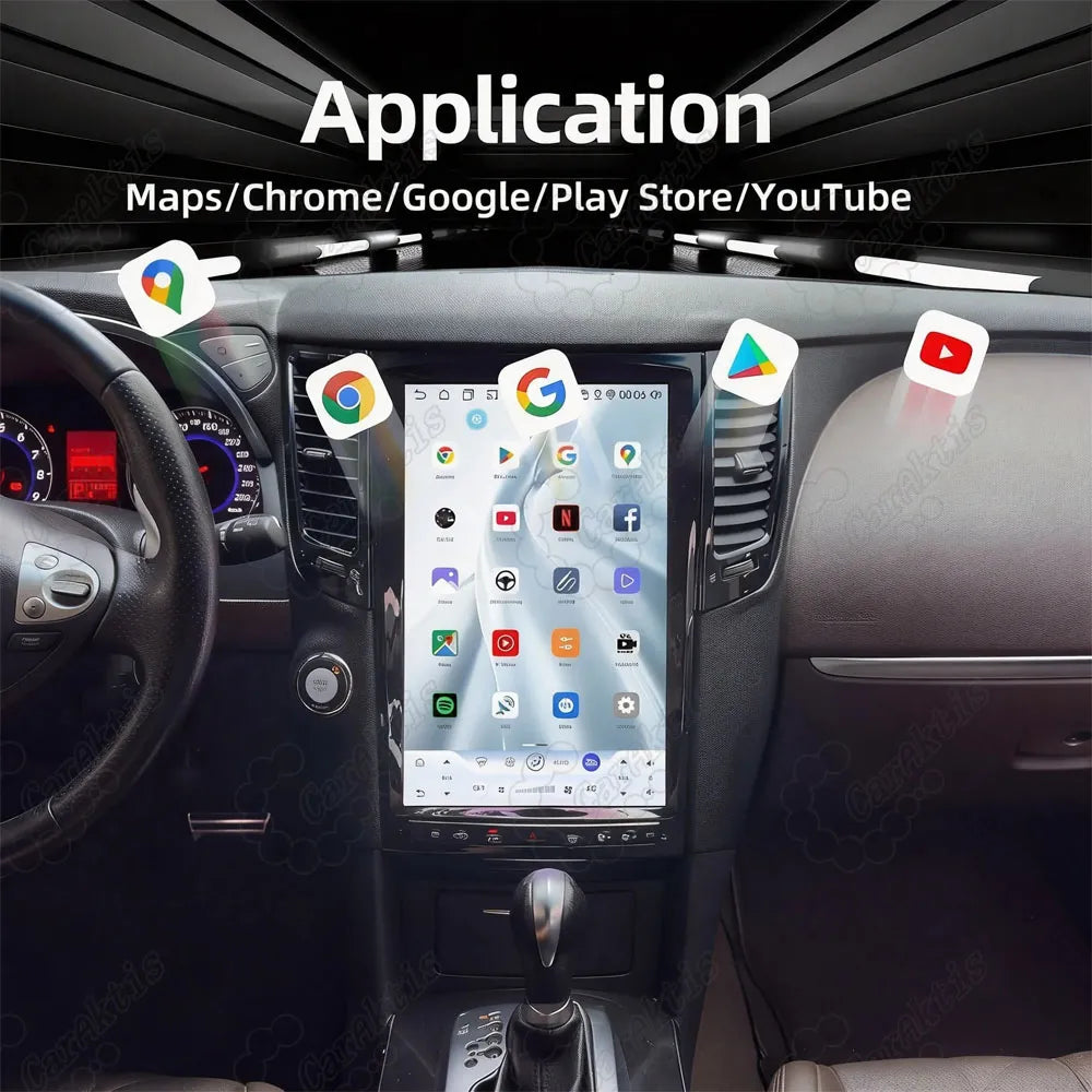 Android head unit for Infiniti FX35 QX70 supporting Google Play Store, YouTube, Google Maps, Chrome, and video playback.