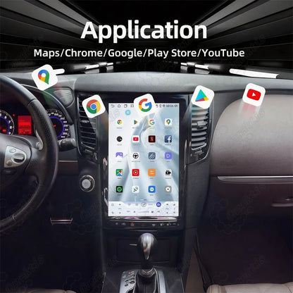Android head unit for Infiniti FX35 QX70 supporting Google Play Store, YouTube, Google Maps, Chrome, and video playback.