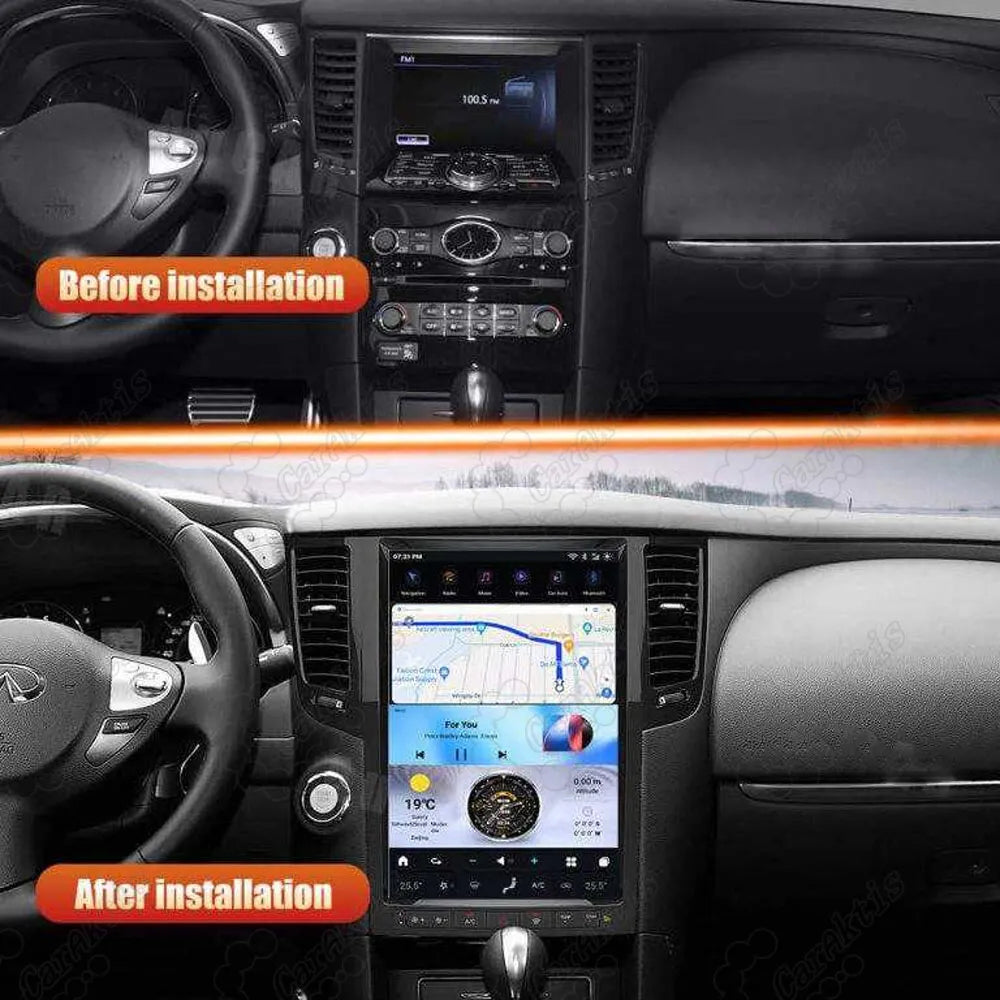Before and after installation comparison of upgrading factory stereo to 14.5-inch Tesla-style touchscreen in Infiniti FX35 QX70.