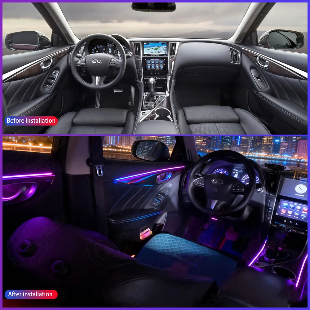 Comparison of Infiniti car interior before and after installing the sleek molded LED ambient light kit, upgrading from dark stock cabin to high-end luxury lighting.