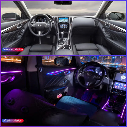Comparison of Infiniti car interior before and after installing the sleek molded LED ambient light kit, upgrading from dark stock cabin to high-end luxury lighting.