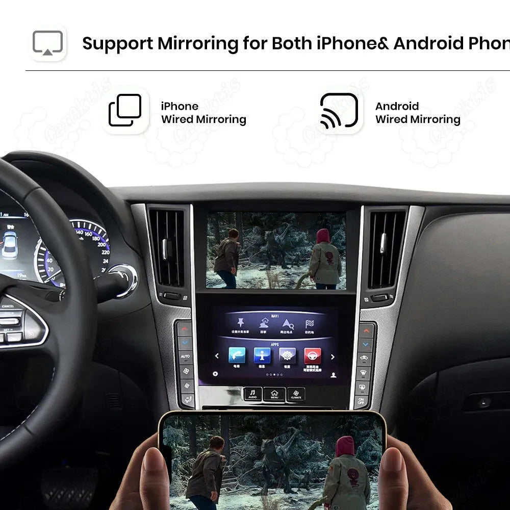 Infiniti multimedia system supporting wired screen mirroring for both iPhone and Android phones, with the car screen and smartphone synchronously playing a movie video.