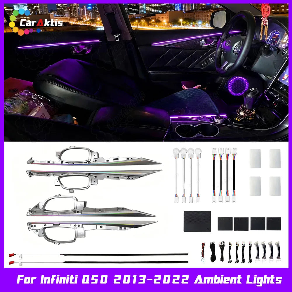 Premium direct-fit LED ambient lighting kit for Infiniti interior dashboard and doors, sleek molded OEM replacement version showing 64-color illumination.