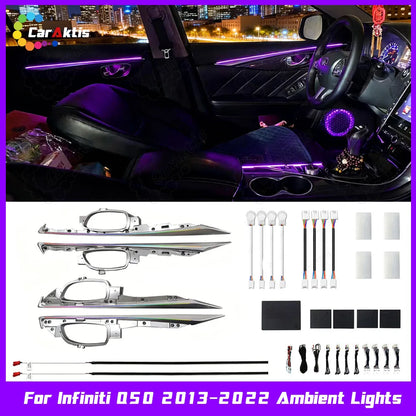 Premium direct-fit LED ambient lighting kit for Infiniti interior dashboard and doors, sleek molded OEM replacement version showing 64-color illumination.