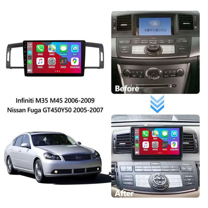 Before and after installation comparison of 9-inch Android radio in Infiniti M35 M45 and Nissan Fuga