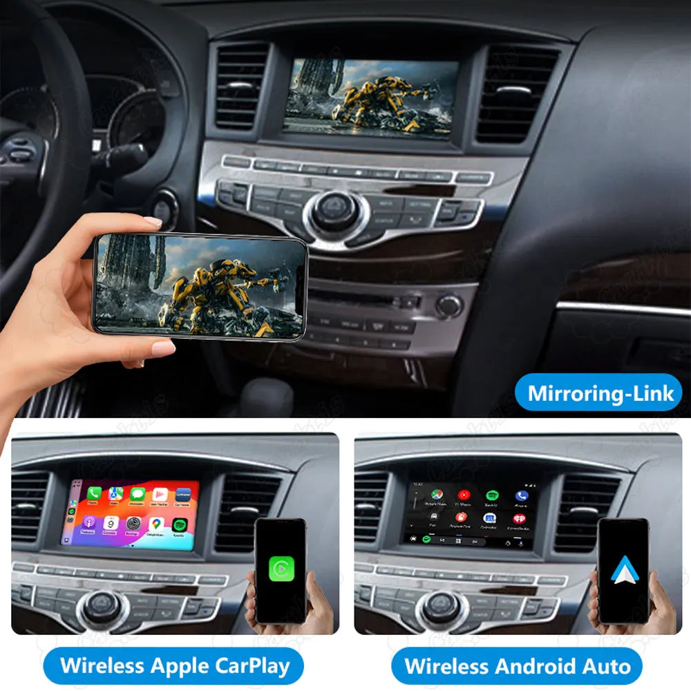 Smartphone video mirroring-link function, wireless Apple CarPlay, and Android Auto interfaces displayed on a car head unit.