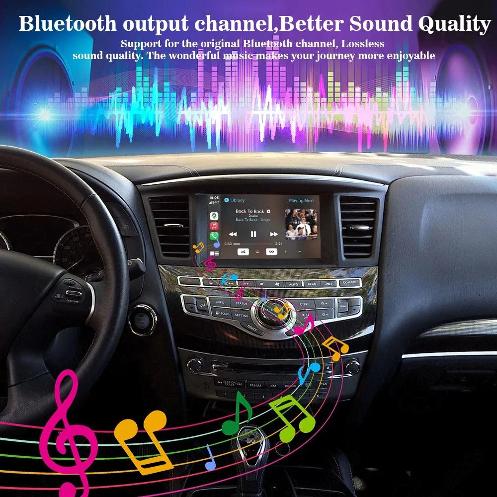 Car dashboard screen playing music via original Bluetooth channel, featuring colorful equalizer graphics and musical notes symbolizing lossless sound quality and enhanced audio performance.