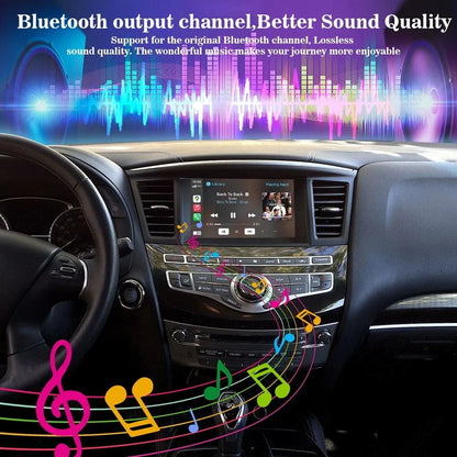 Car dashboard screen playing music via original Bluetooth channel, featuring colorful equalizer graphics and musical notes symbolizing lossless sound quality and enhanced audio performance.