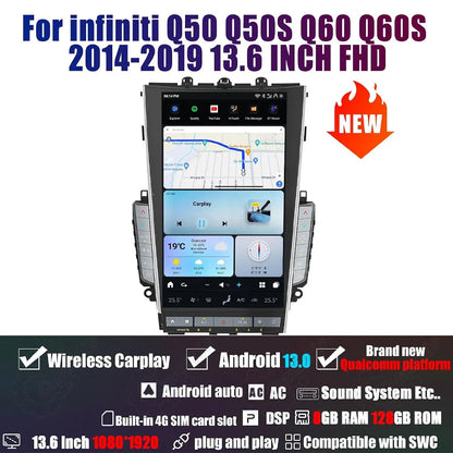 13.6-inch FHD Android 13 Tesla-style screen for Infiniti Q50 Q60 with Wireless CarPlay and 8GB RAM 128GB ROM.