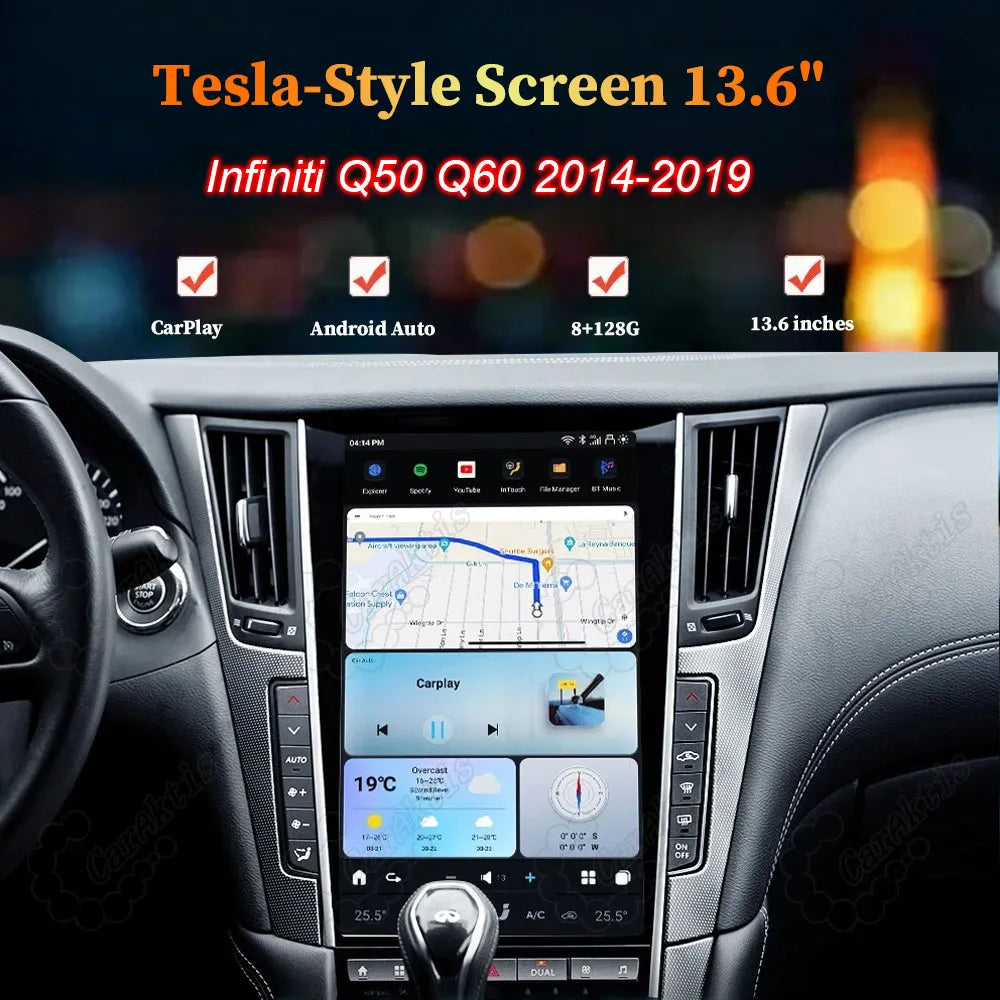 13.6-inch Tesla-style Android screen installed in Infiniti Q50 Q60 2014-2019 dashboard with GPS navigation.
