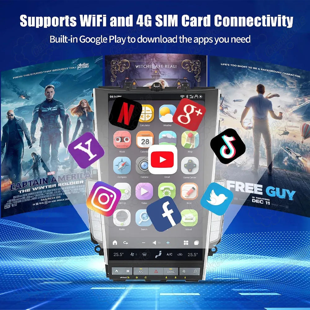 Infiniti Q50 Q60 Android touchscreen supporting 4G SIM card, Wi-Fi, and Google Play Store app downloads.