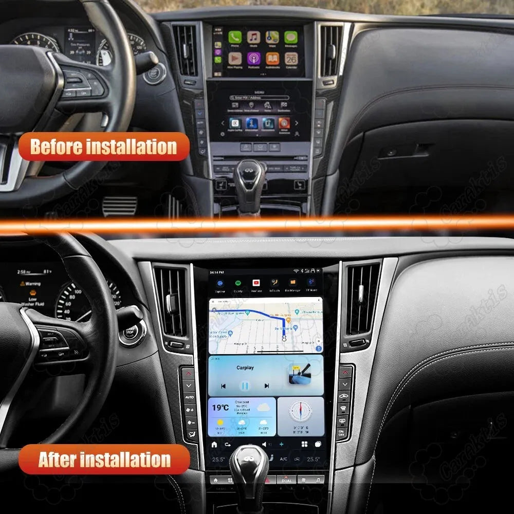 Before and after installation comparison of 13.6-inch Tesla-style Android touchscreen in Infiniti Q50 dashboard.