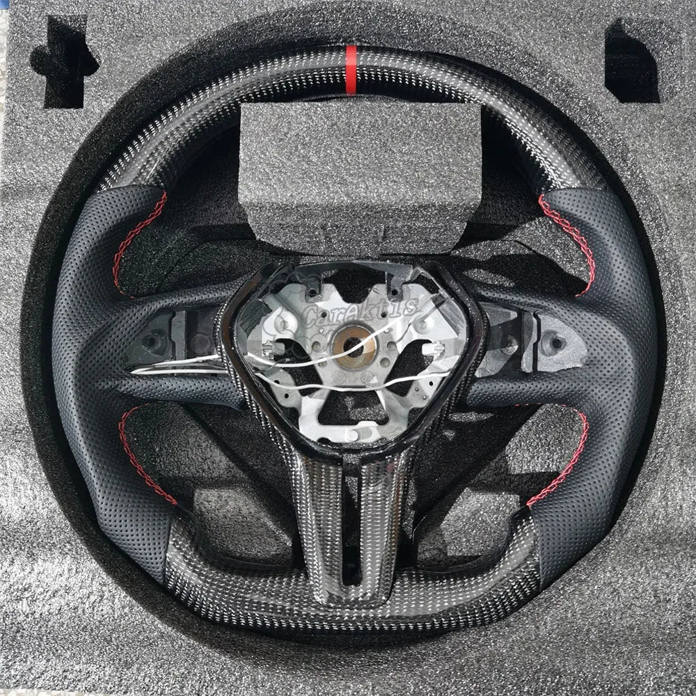 Infiniti Q50/Q60 Carbon Fiber Steering Wheel，The top and bottom sections feature a unique high-gloss carbon fiber finish, showcasing a distinctive texture. Both sides are wrapped in perforated genuine leather, accented by tri-color red stitching and a red top-center marker.