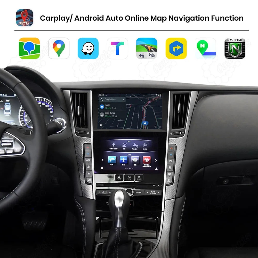 Infiniti car dashboard dual-screen displaying Google Maps navigation interface, highlighting CarPlay and Android Auto online map navigation function with compatible app icons.