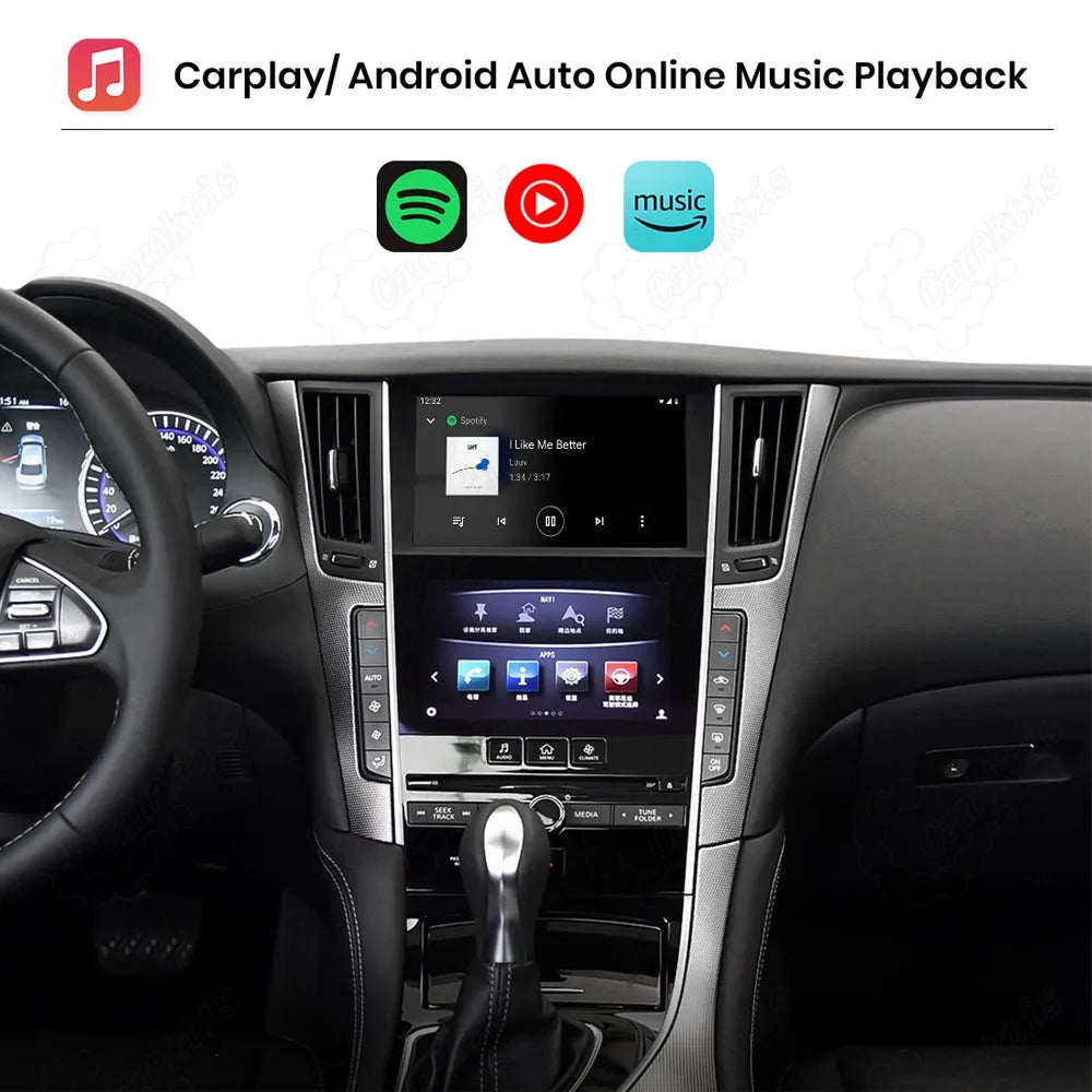 Infiniti dual-screen center console showing online music playback interface, supporting CarPlay and Android Auto, with Spotify, YouTube Music, and Amazon Music icons displayed above.