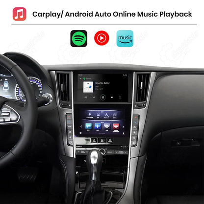Infiniti dual-screen center console showing online music playback interface, supporting CarPlay and Android Auto, with Spotify, YouTube Music, and Amazon Music icons displayed above.