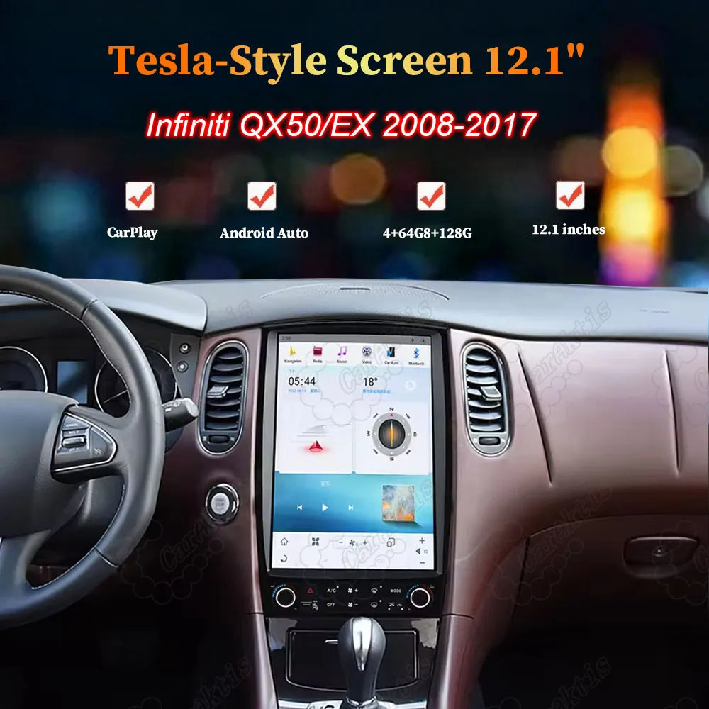 12.1-inch Tesla-style Android touchscreen radio upgrade installed in Infiniti QX50 EX 2008-2017 dashboard with Wireless CarPlay and Android Auto.