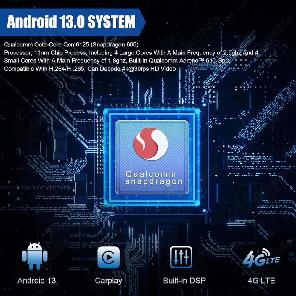 Android 13.0 system featuring Qualcomm Snapdragon 665 8-core processor and built-in DSP for Infiniti QX50 EX.