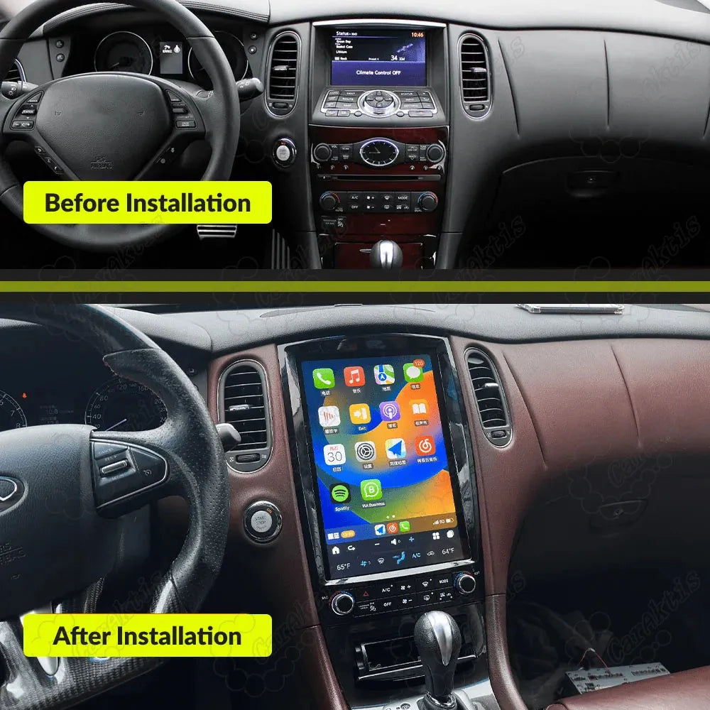 Before and after installation comparison of 12.1-inch Tesla-style Android display in Infiniti QX50 EX interior.