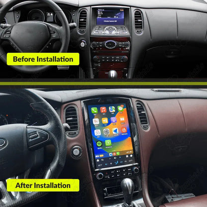 Before and after installation comparison of 12.1-inch Tesla-style Android display in Infiniti QX50 EX interior.