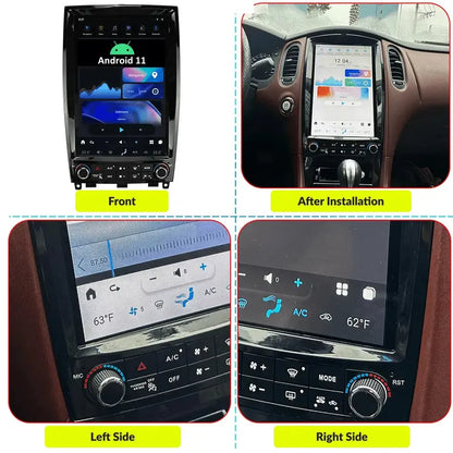 Front view and close-up detail of physical climate AC control knobs for Infiniti QX50 EX Android screen.