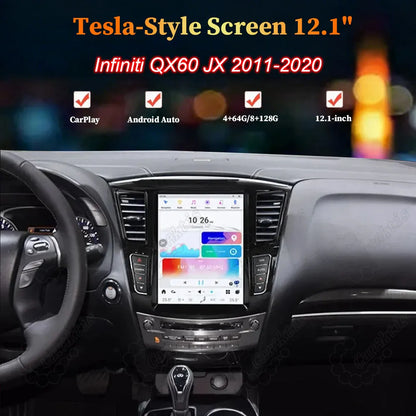 12.1-inch Tesla-style vertical Android screen head unit upgrade for Infiniti QX60 JX35 2011-2020 featuring CarPlay and Android Auto.