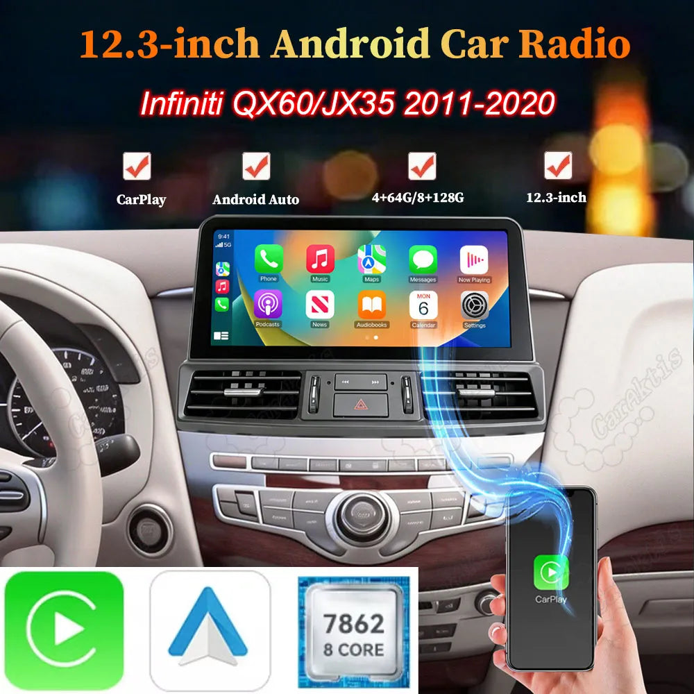 12.3-inch Android car radio head unit for Infiniti QX60 and JX35 2011-2020 featuring Apple CarPlay and Android Auto.