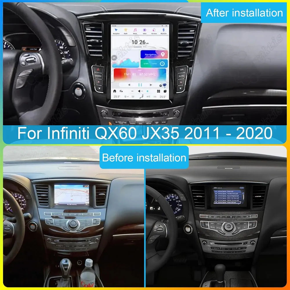 Before and after installation comparison of upgrading factory radio to a 12.1-inch Tesla-style screen in Infiniti QX60.