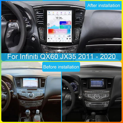 Before and after installation comparison of upgrading factory radio to a 12.1-inch Tesla-style screen in Infiniti QX60.