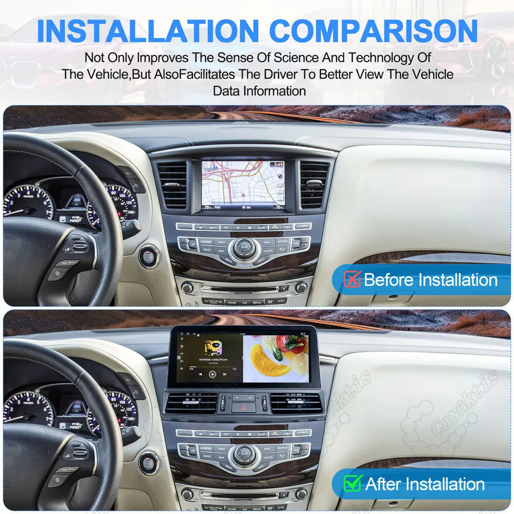 Before and after installation comparison of upgrading the factory screen to a 12.3-inch Android touchscreen radio in an Infiniti QX60.
