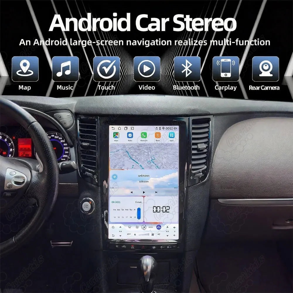 14.5-inch Android car stereo for Infiniti QX70 with map navigation, Bluetooth, CarPlay, touch controls, and rear camera support.