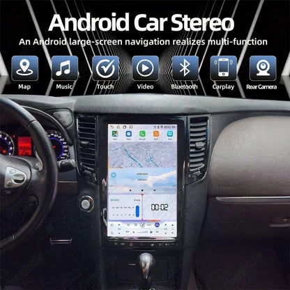 14.5-inch Android car stereo for Infiniti QX70 with map navigation, Bluetooth, CarPlay, touch controls, and rear camera support.