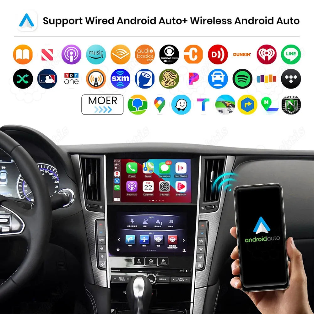 Car central screen showing Android Auto connectivity feature with a hand holding an Android smartphone, featuring compatible audio and navigation app icons above.