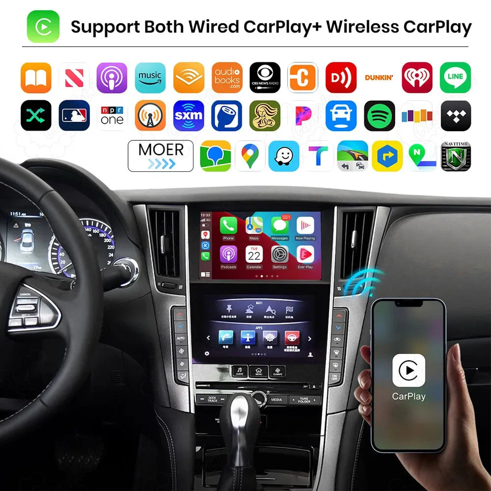 Infiniti infotainment system displaying Apple wireless CarPlay main interface with a hand holding an iPhone, surrounded by various supported CarPlay app icons.