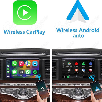 Side-by-side comparison displaying wireless Apple CarPlay on the left and wireless Android Auto on the right with a hand holding compatible smartphones connected to the car screen.