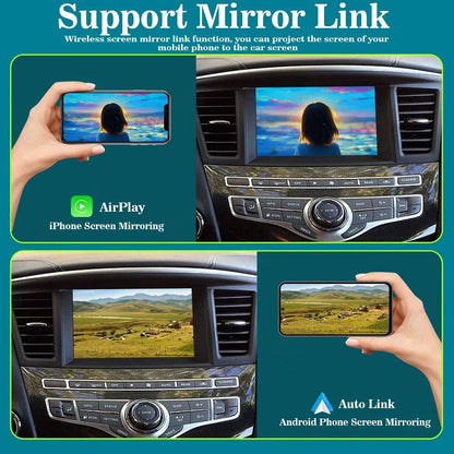 Dual demonstration of wireless screen mirroring, showing Apple AirPlay for iPhone on the top and Auto Link for Android phones on the bottom, casting media seamlessly to the car screen.