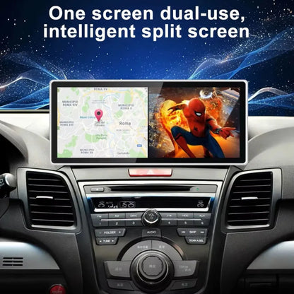 Dual-screen mode showing navigation map and video entertainment side by side on car radio.